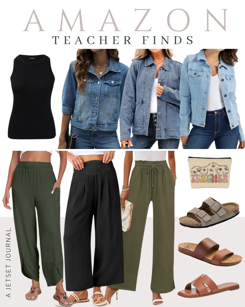 This collection of Teacher Outfit Ideas is sure to make a great impression! Layer this CHICME sleeveless top with a denim jacket from Unilexi, Sidefeel, or Wrangler. You can choose between ANRABESS and Rapbin for your pants, then step into Project Cloud, REEF, or Rihero flat sandals to complete your comfy fit.

#LTKSeasonal #LTKSaleAlert #LTKTravel
 

 