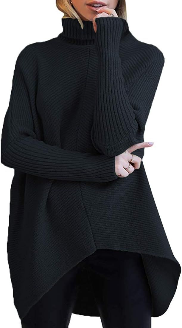 Womens Turtleneck Oversized Sweater 2023 Long Batwing Sleeve Asymmetric Hem Casual Knit Pullover ... | Amazon (US)