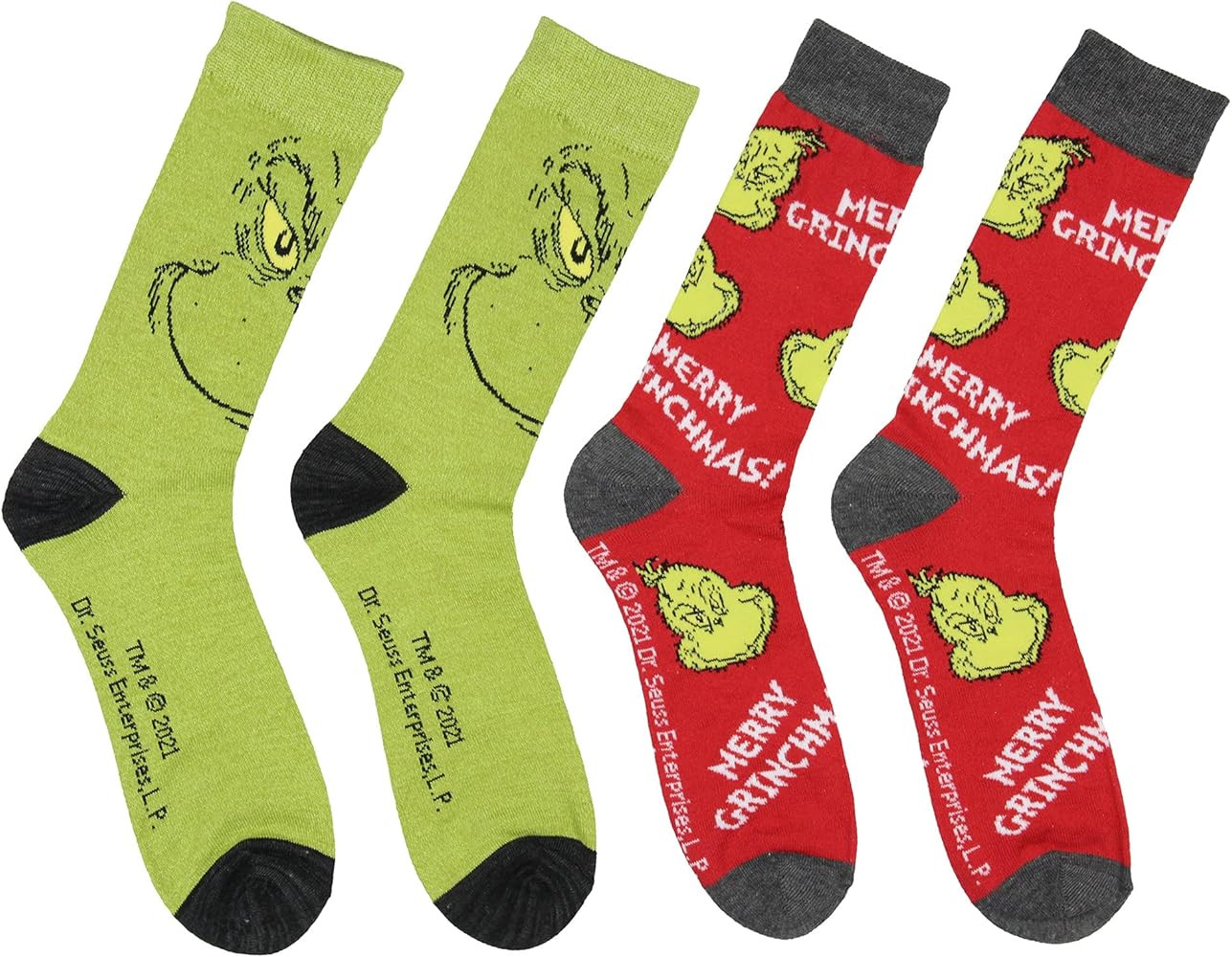 Dr Seuss The Grinch Character Adult Holiday Crew Socks 2 Pair | Amazon (US)