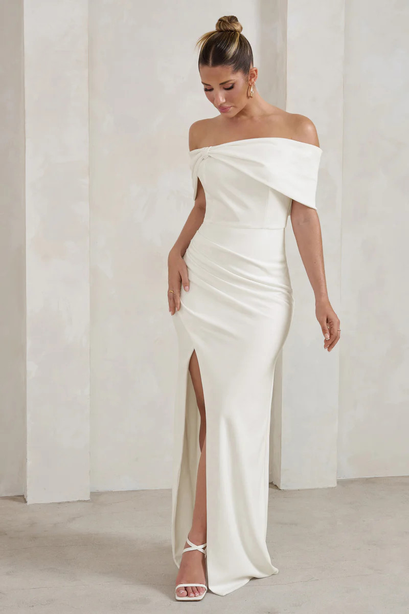 Eva | White Bardot Bow Detail Maxi Dress With Thigh Split | Club L London