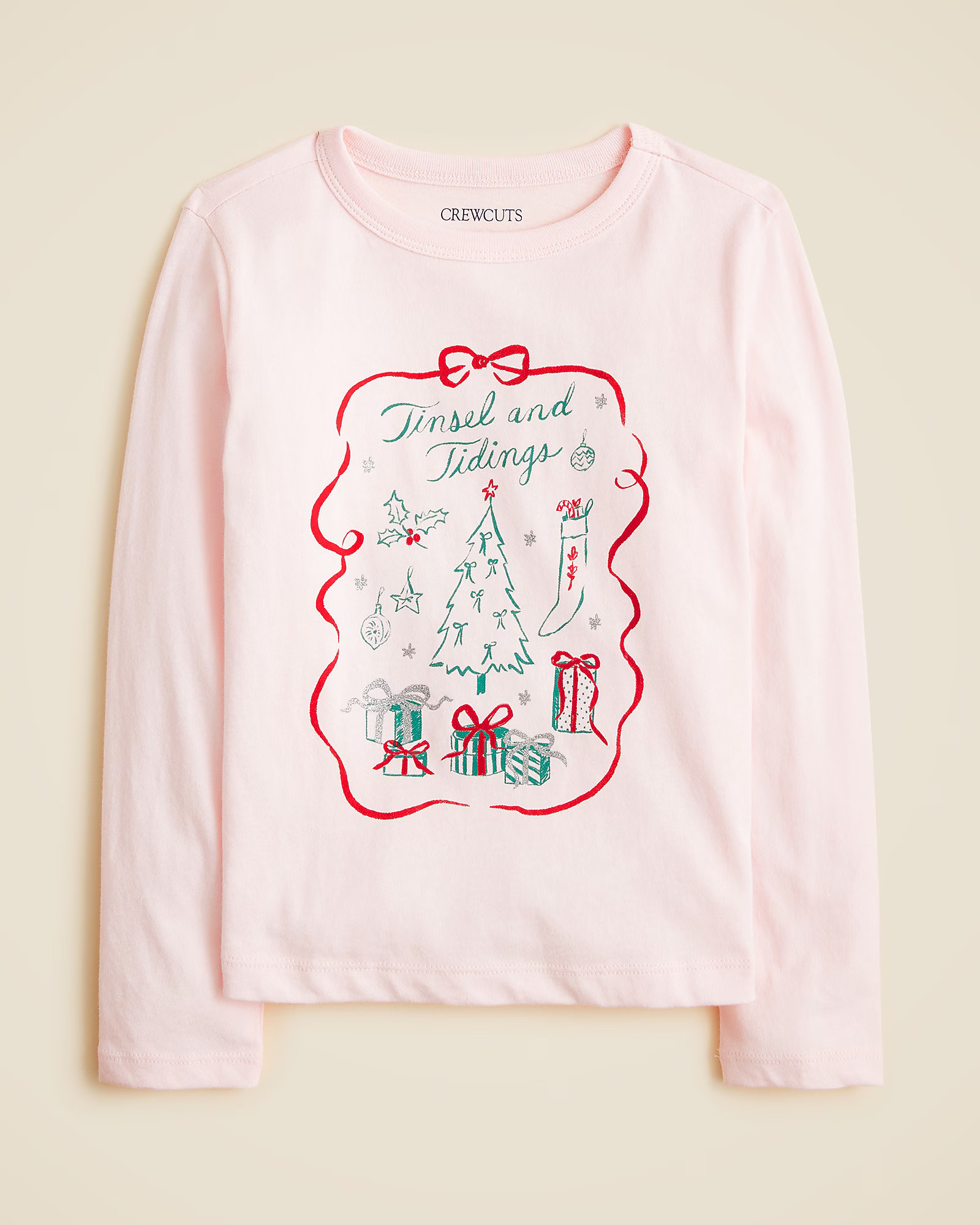 Girls' long-sleeve "Tinsel and tidings" graphic T-shirt with glitter | J. Crew US