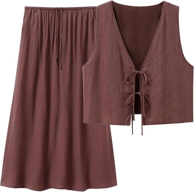 Womens Summer 2 Piece Outfit Set Y2k V Neck Tie Front Tank Top Matching Long Skirt Set with Pocke... | Amazon (US)