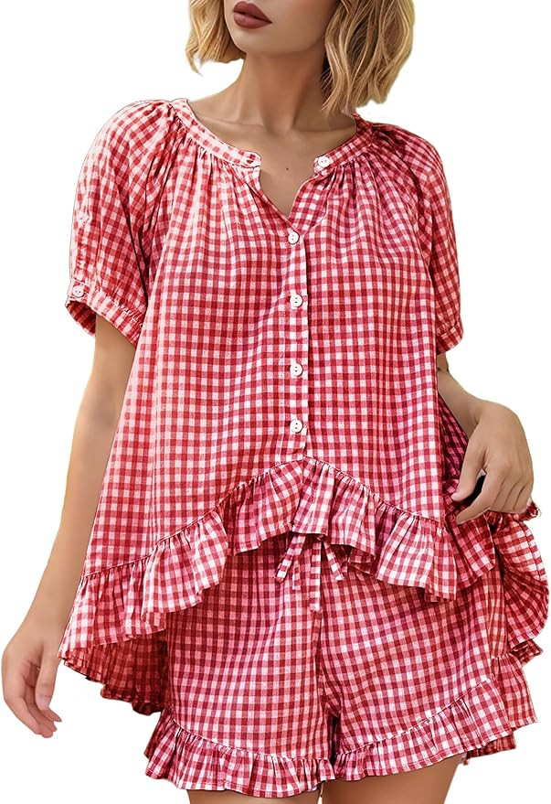 Yimoon Womens Gingham Pajamas Set Plaid Cotton Pj Set Puff Sleeve Ruffle Babydoll Shirt Shorts Su... | Amazon (US)