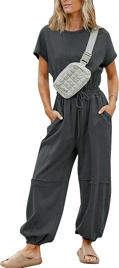 Flygo One Piece Jumpsuits for Women Crewneck Short Sleeve Casual Wide Leg Long Pants Drawstring R... | Amazon (US)