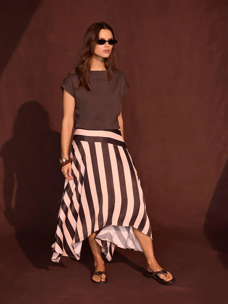 Mint Velvet Brown Satin Striped Midi Skirt | Next US