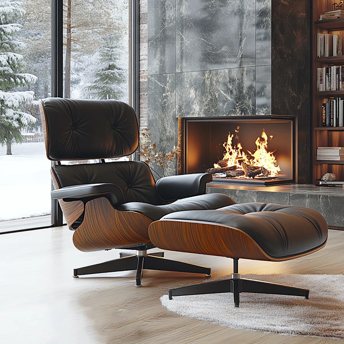 Mid Century Genuine Leather Recliner Lounge Chair With Ottoman Solid Wood Frame Accent Chair | Wayfair North America