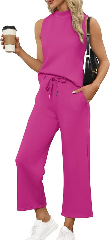 SAMPEEL Two Piece Sets for Women Summer Outfits Lounge Sets Mock Neck Tops Wide Leg Crop Pants Va... | Amazon (US)