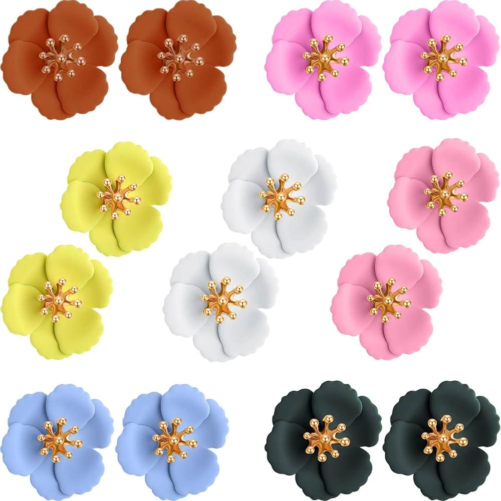 7 Pairs Boho Flower Stud Earrings for Women Girls, Flower Shaped Daisy Earrings with Gold Bud | Amazon (US)