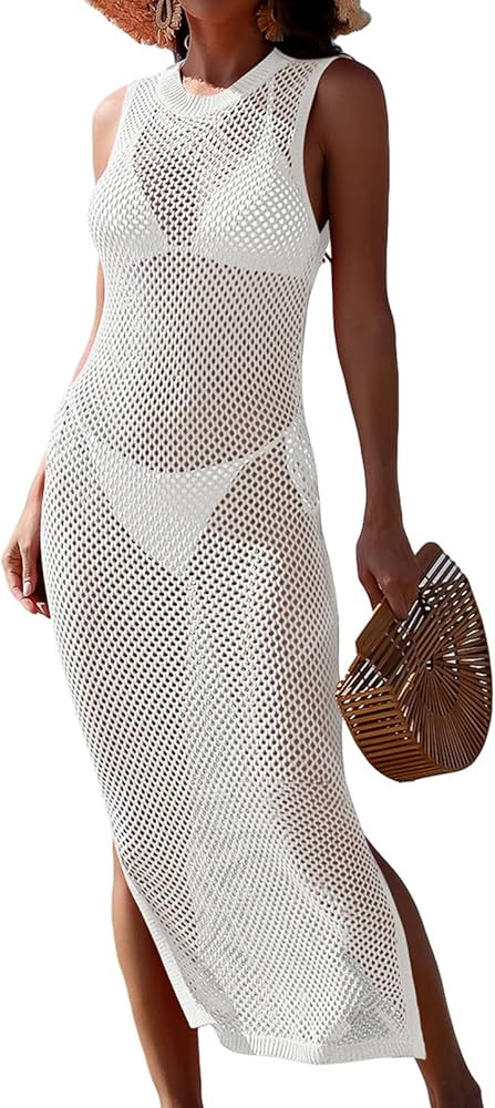 Pink Queen Women Crochet Swimsuit Cover Up Hollow Out Sleeveless Beach Dress Side Split Knit Cove... | Amazon (US)
