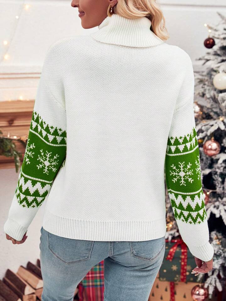 SHEIN Frenchy Women's High Neck Christmas Sweater With Letter & Geometric Pattern | SHEIN