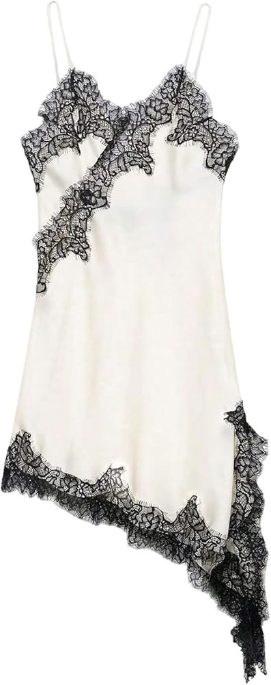Floerns Women's Satin Lace Dress Layering Asymmetrical Tops Date Night Slip Dresses | Amazon (US)