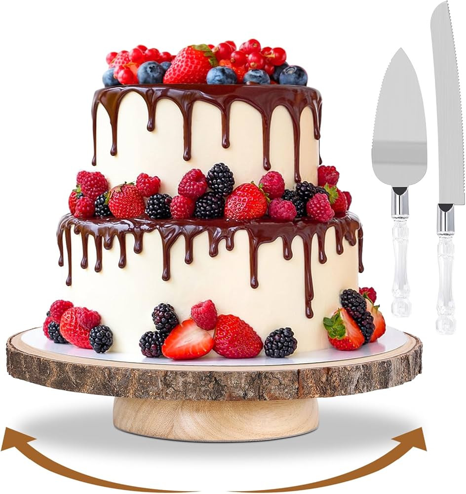 Cake Stand Rotating 12Inch Wood Cake Stand with Knife and Server Set Rustic Cake Stands for Weddi... | Amazon (US)