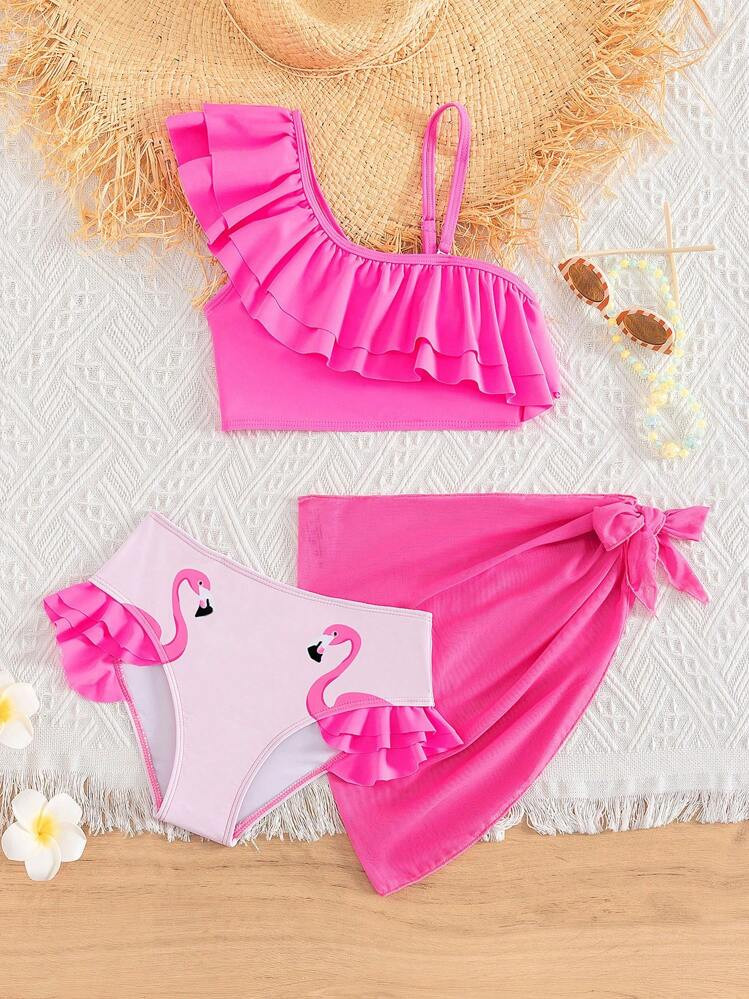 Tween Girl Flamingo Print Ruffle Trim Bikini Set With Beach Skirt Summer Beach | SHEIN