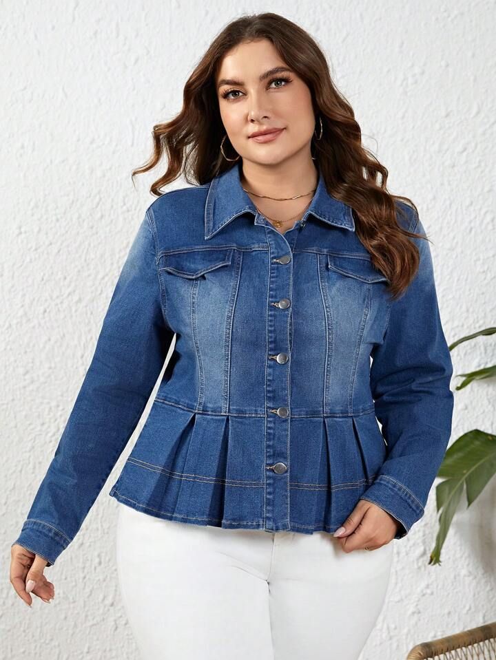 SHEIN LUNE Plus Size Women's Denim Jacket With Pleated Hem | SHEIN