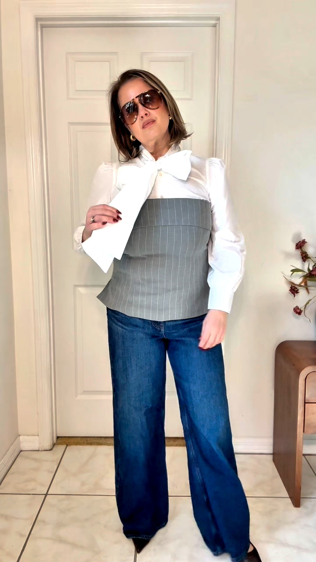 Walmart, but make it fashion! 

Sizing: 
White Bow shirt: Med 
Grey top: large 
Jeans: 12 

#LTKootd #LTKMidsize #LTKOver40