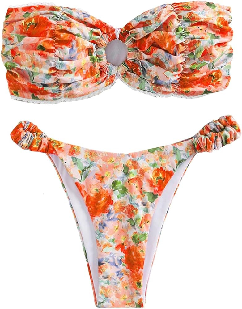 SHENHE Women's Floral Print O Ring Bandeau Bikini Bathing Suit 2 Piece Swimsuits | Amazon (US)