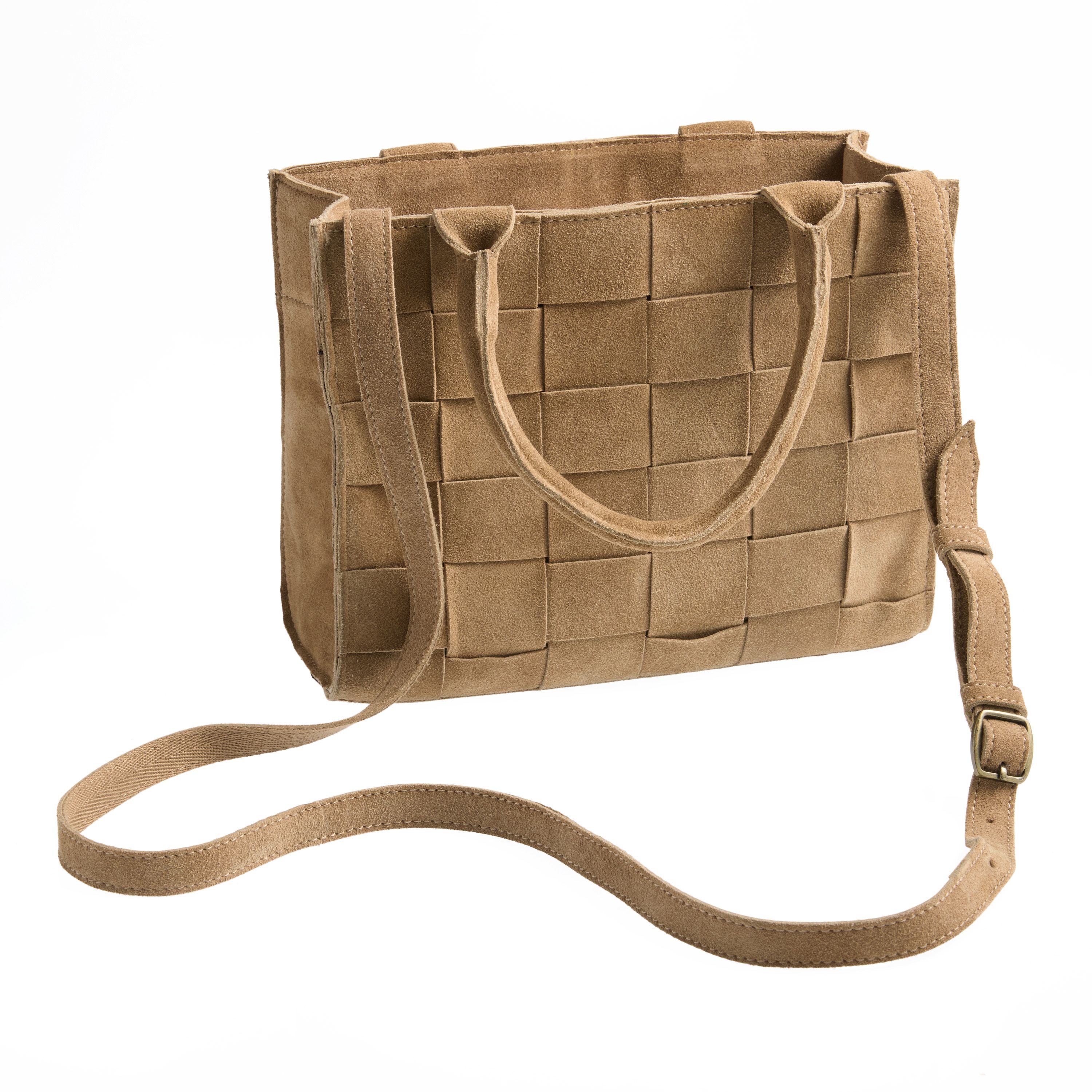 Mushroom Taupe Suede Woven Basketweave Tote Bag | World Market