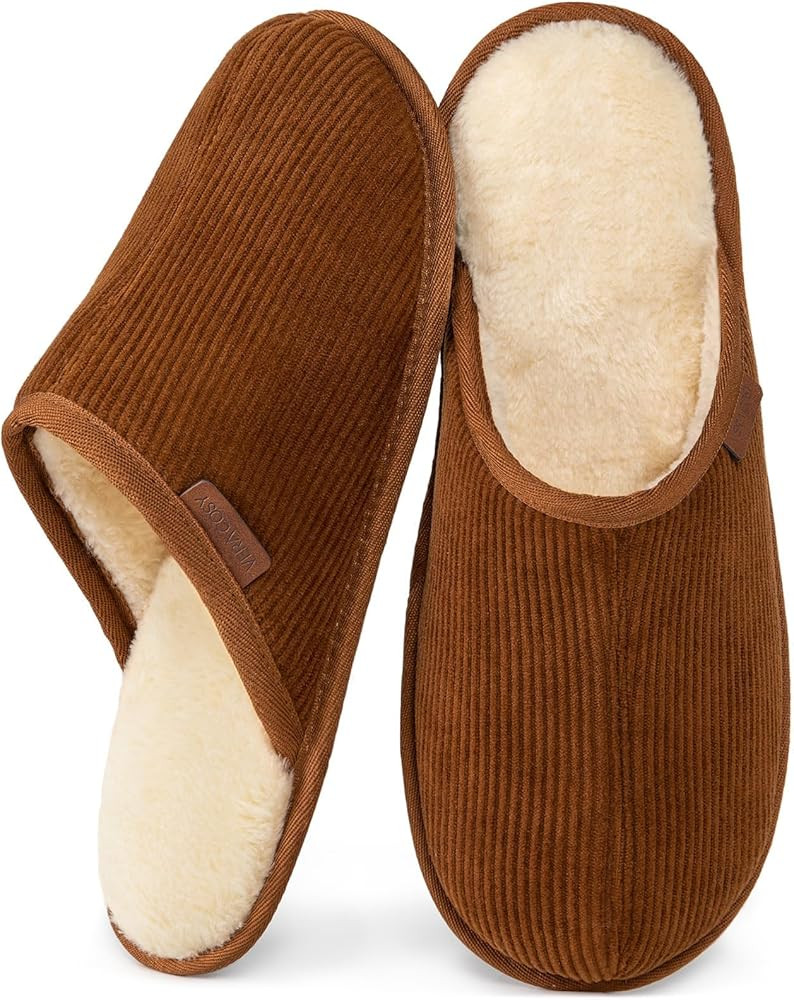 VeraCosy Men's Comfy Corduroy Memory Foam Scuff Slippers Soft Faux Fur Lined House Shoes with Ant... | Amazon (US)