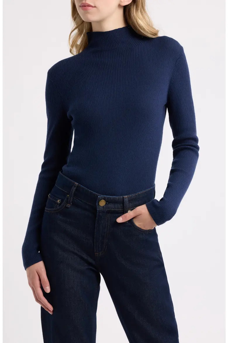 rag & bone Lucy Ribbed Wool Mock Neck Sweater in Navy at Nordstrom, Size Large | Nordstrom