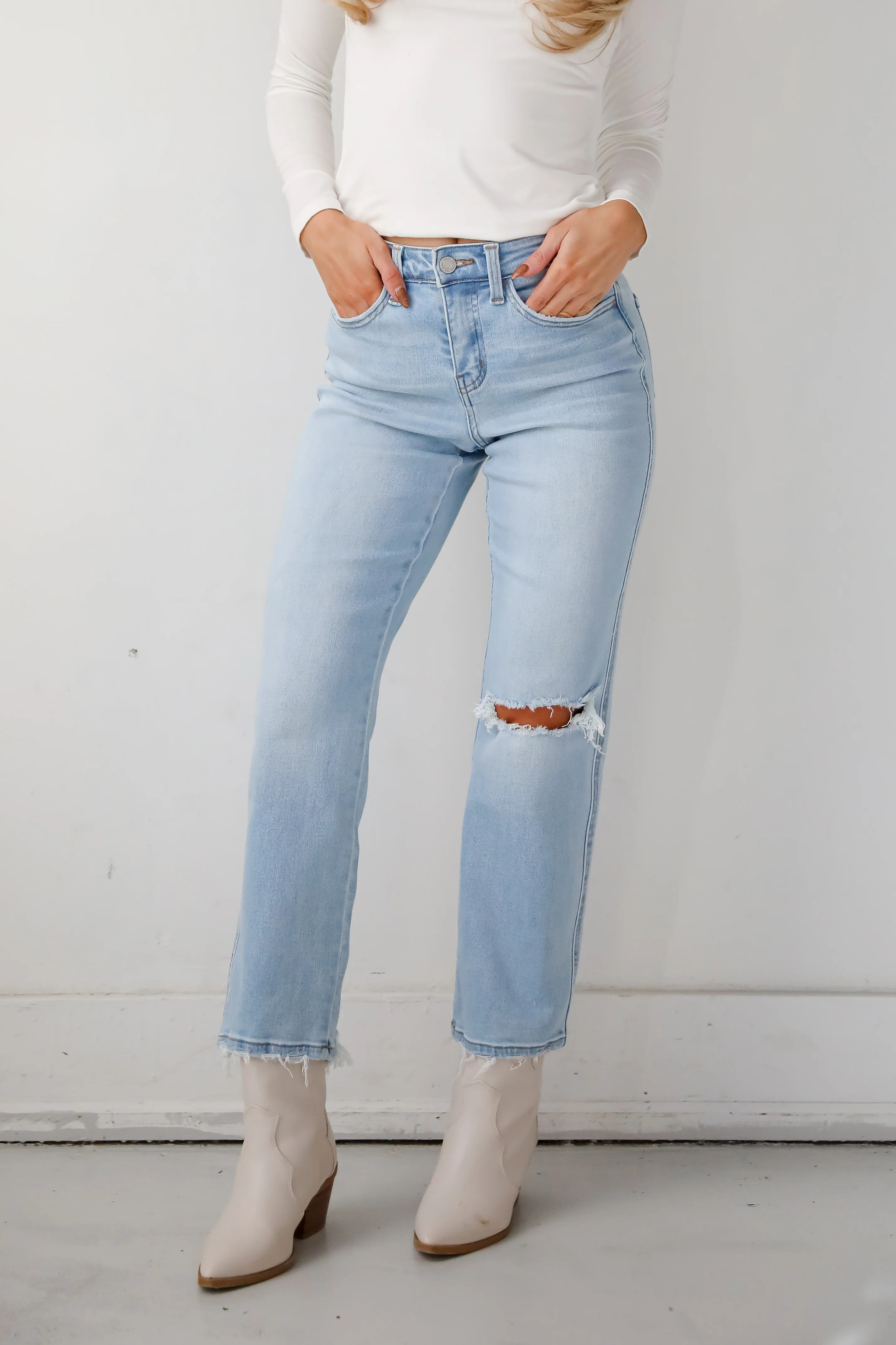 Light Wash High Rise Distressed Straight Leg Jeans | Vervet | DressUp | Dress Up