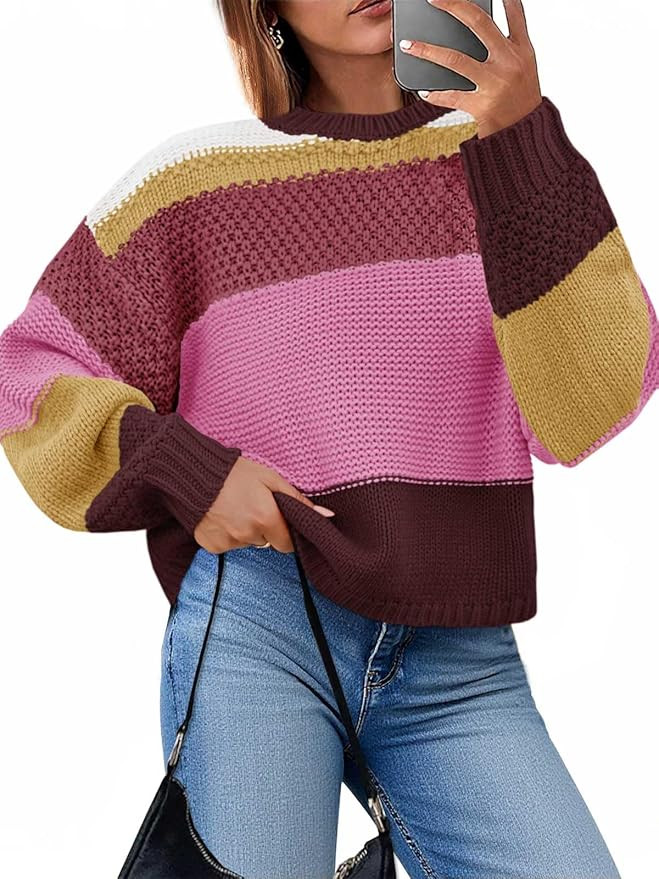 Saodimallsu Womens Color Block Cropped Sweaters 2025 Winter Trendy Casual Oversized Y2k Going Out... | Amazon (US)