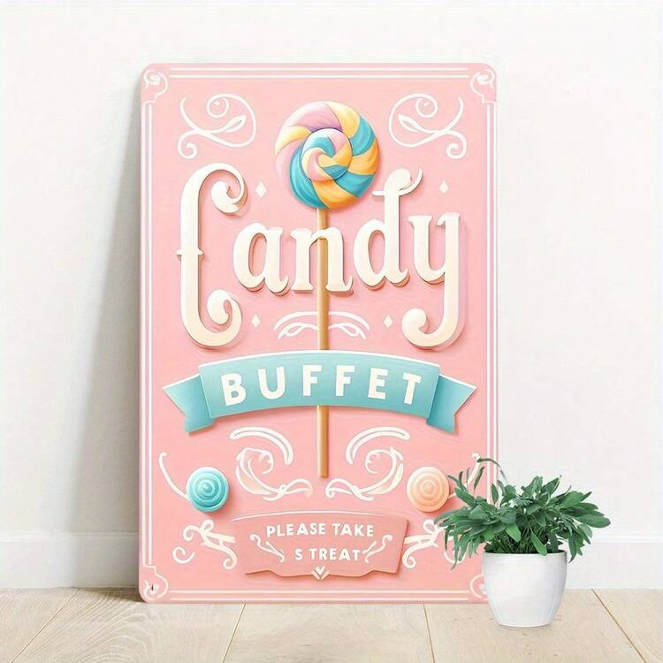 1pc 2D Flat, Retro Candy Buffet Metal Sign, Wall Art Decor, Suitable For Home, Bar, Pub, Cafe, Restaurant, Candy Store Decoration, Waterproof, Dustproof - Ideal For Holiday Decoration, Random Hole Style | SHEIN
