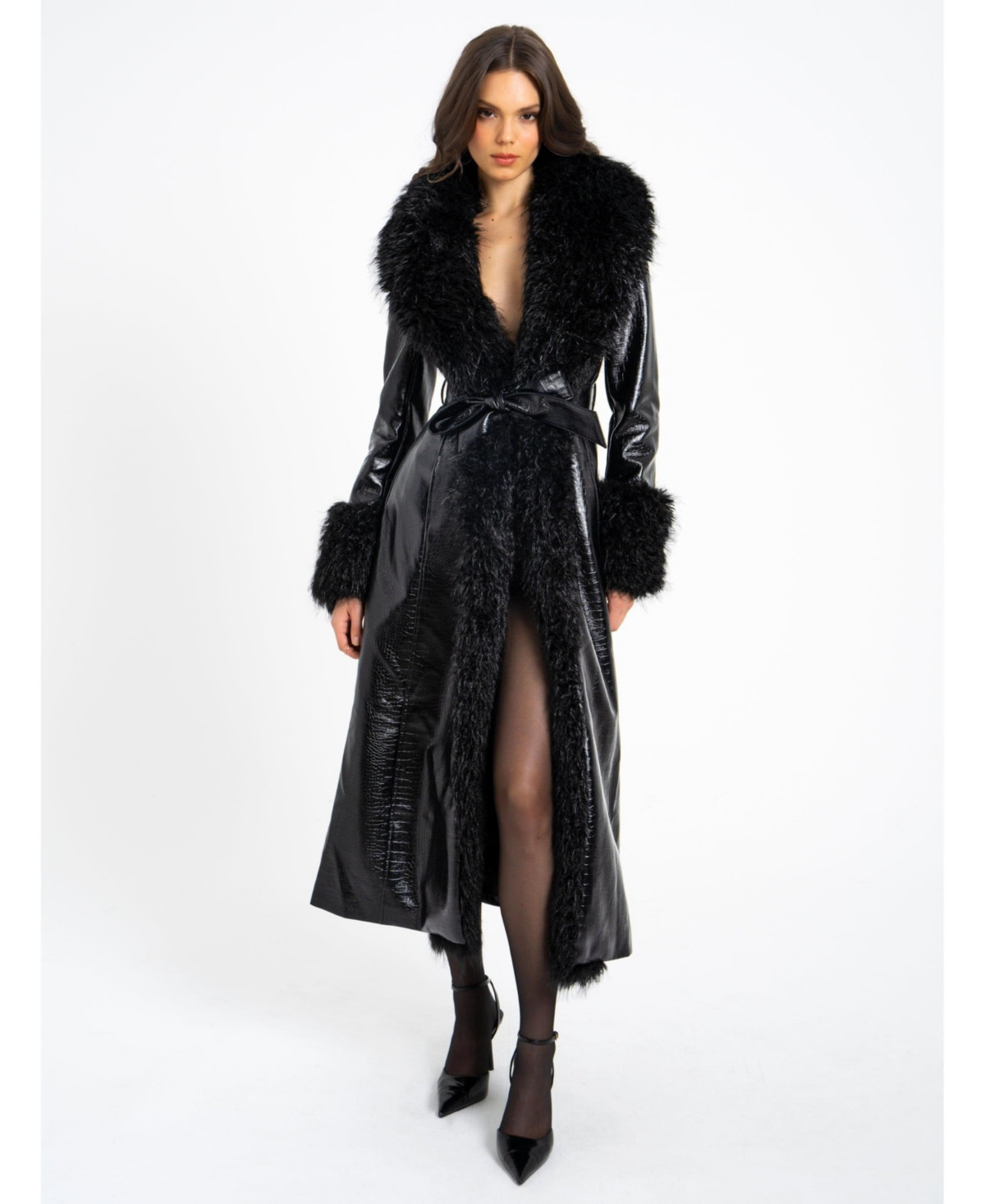 Miss Circle Women's Zella Black Fur Trim Faux Croc Leather Coat - Black | Macy's