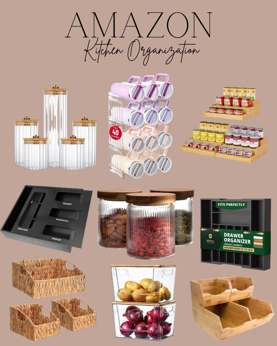 Pantry and kitchen organization 

Glass organizer 
Wood organizer 
Baskets 
Cup organizer 
Storage 
Can storage 

#LTKFindsUnder100 #LTKSaleAlert #LTKHome