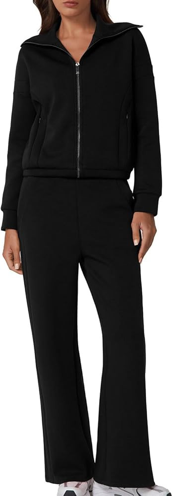 QINSEN Women's Cotton 2 Piece Outfits Lapel Long Sleeve Zip Up Sweatshirt Wide Leg Pants Matching... | Amazon (US)