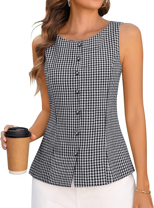 Summer Plaid Tank Top for Women Business Casual Sleeveless Button Down Shirts Cinch Waist Gingham... | Amazon (US)