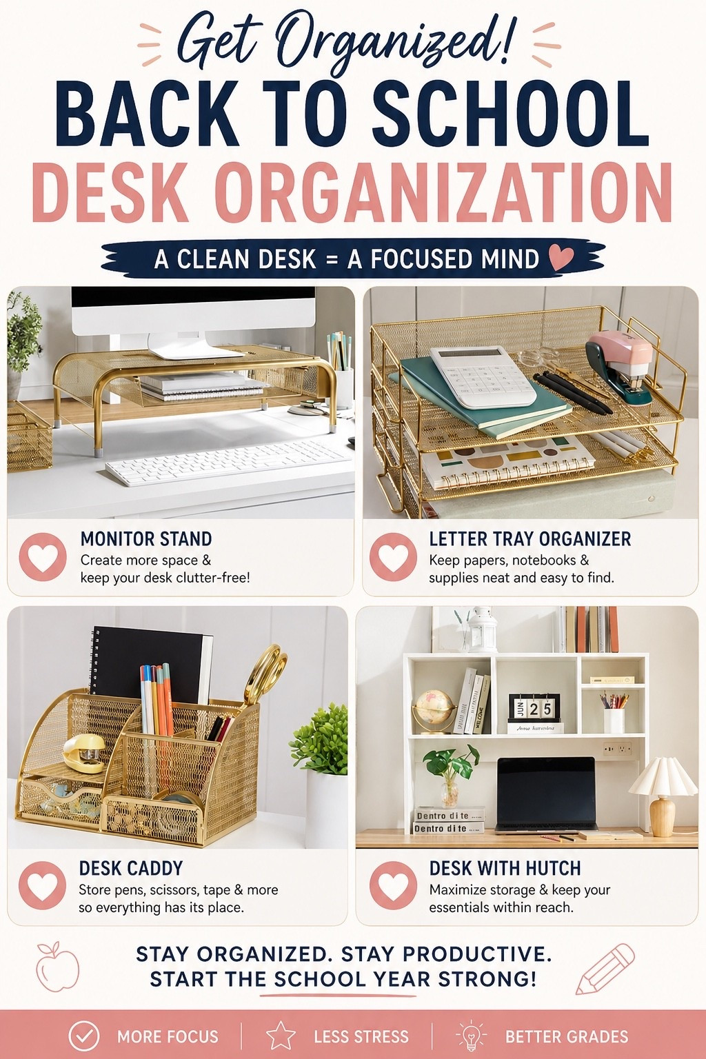 Back to school desk refresh 🤍✨ these simple organizers instantly made everything feel cleaner and way easier to find. The gold details give it that elevated look while actually being super functional (which we love). Perfect for homework stations, dorm desks, or even a little home office reset.

Everything linked in my LTK 🤍
#LTKBackToSchool #DeskOrganization #HomeOfficeFinds #DormRoomEssentials 