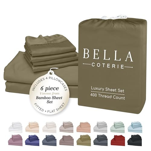 Bella Coterie 6 Piece Luxury Bamboo Viscose King Size Sheet Set | 100% Organically Grown | Cooling for Hot Sleepers | 18" Deep Pocket | Soft & Hypoallergenic | 4 Pillowcases [Olive] | Amazon (US)