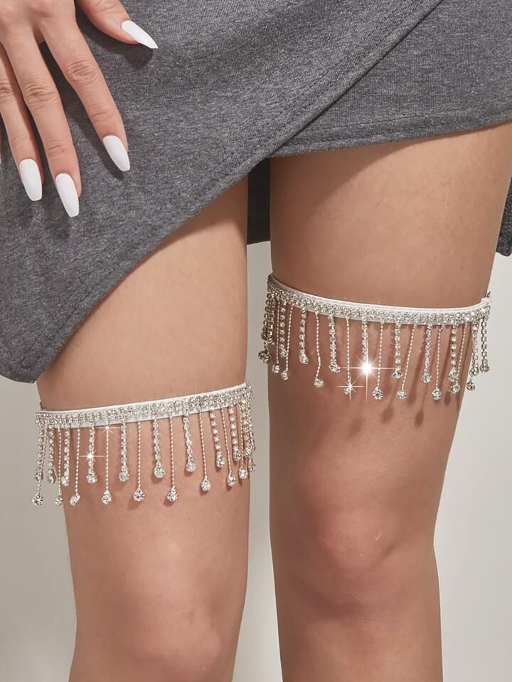 2pcs/set Women's White Diamond & Tassel Decor Elastic Band Elegant Leg Chain For Party, Evening D... | SHEIN