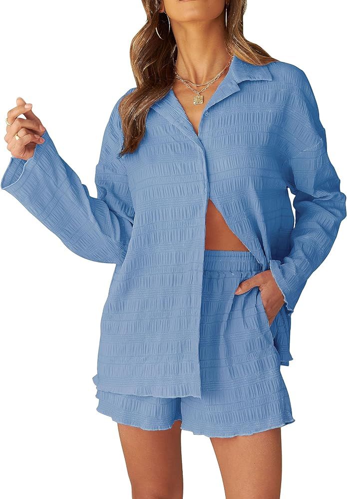 MEROKEETY Women's 2 Piece Outfits Long Sleeve Button Down Textured Shirt and Shorts Lounge Sets | Amazon (US)