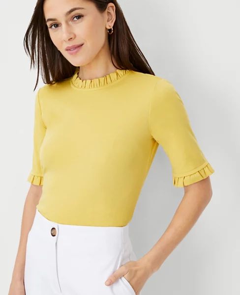 Ruffle Neck Elbow Sleeve Top | Ann Taylor (US)