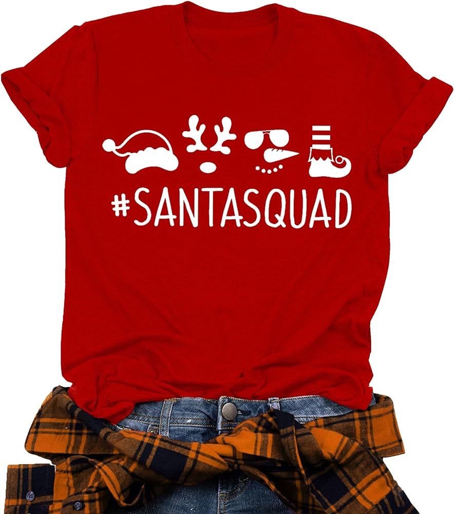 Christmas T-Shirt Women Santa Squad Shirt Cute Short Sleeve Christmas Graphics Shirt Xmas Tee Top... | Amazon (US)