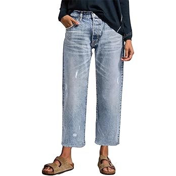 EVALESS Jeans for Women Stretchy Distressed Washed Straight Leg Frayed Raw Hem Denim Ankle Pants ... | Amazon (US)