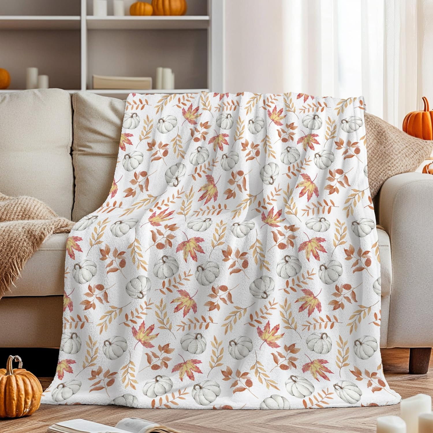 Horaldaily Fall Flannel Blanket Throw, White Pumpkin Orange Leaves Soft Fuzzy Plush Cozy Fleece B... | Amazon (US)