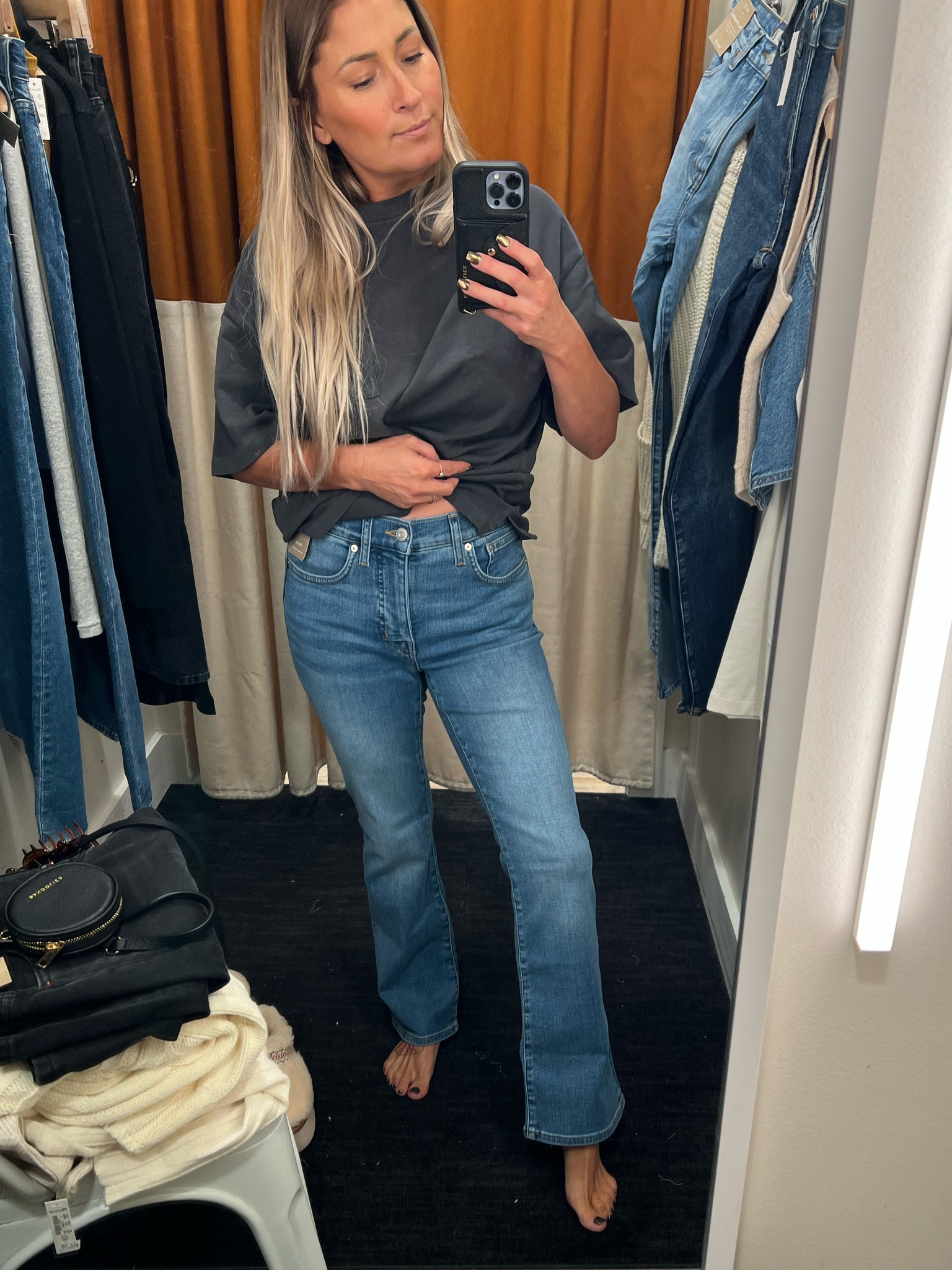 MADEWELL:  the “kick-out” are my favorite jeans from Madewell… they have structure and a nice stretch. You can pair them with an oversized cotton T-shirt or dress them up with a satin cami and coat   🩶🖤

[[ standard size for me with any brand is usually a small-medium top and small bottom or size 25 in denim ]]

Denim jeans - 25
oversized tee - Xsmall 

#falloutfits #jeans #denim #skirts #datenightoutfits #weddingoutfits #holidayoutfits #giftsforher #madewell 

#LTKstyletip #LTKxMadewell #LTKsalealert