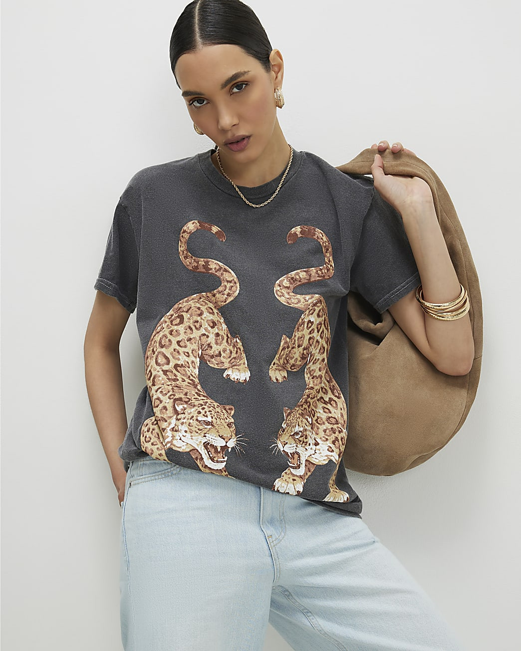 Grey Cotton Leopard Print T-Shirt | River Island UK & IE