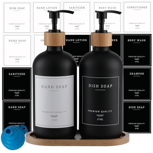 Black Glass Soap Dispenser - Hand Dish Soap Dispenser Set for Kitchen with Sturdy Pump and Tray, 14 Waterproof Labels, Bathroom Refillable Soap Lotion Dispenser-Black | Amazon (US)