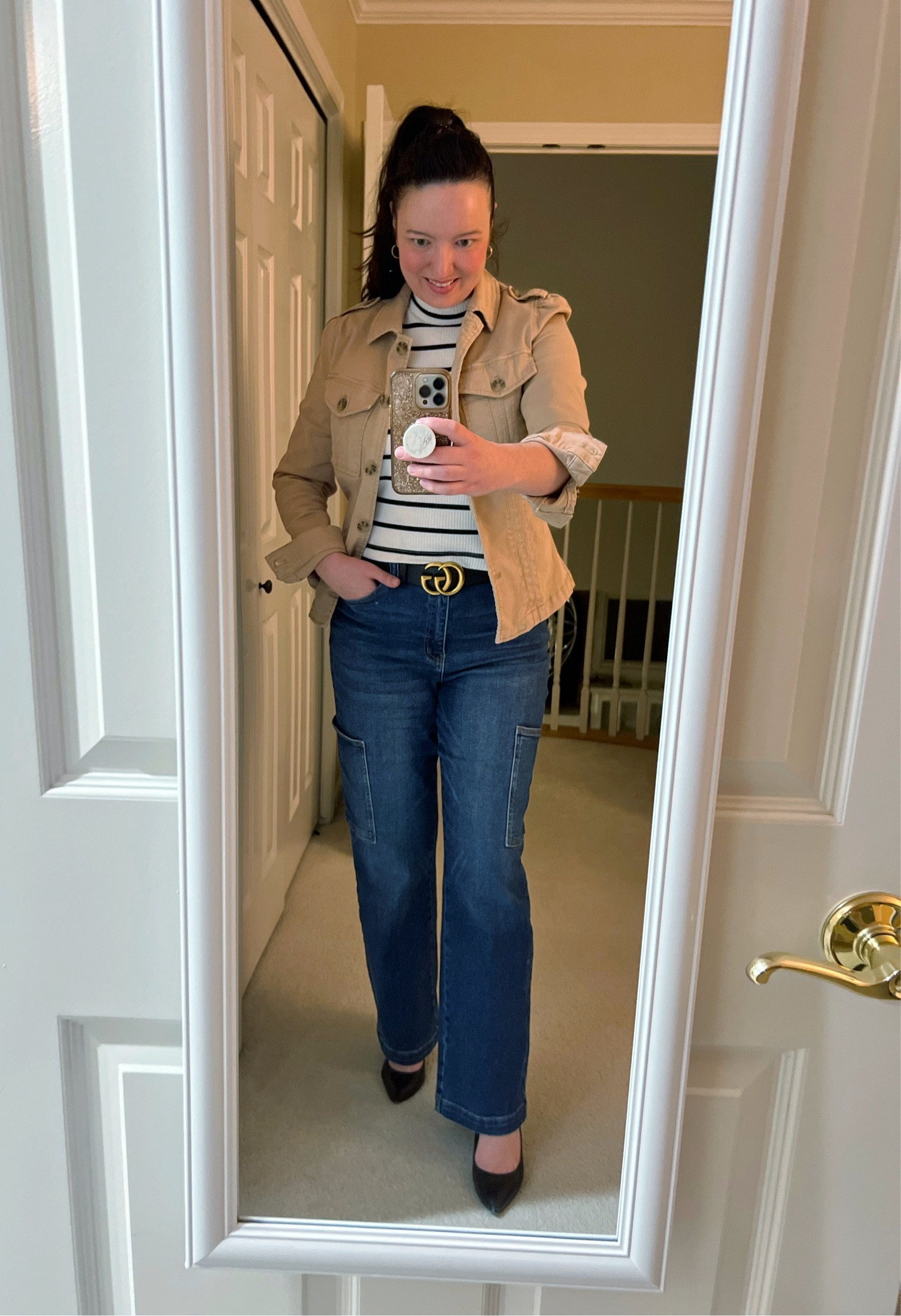 Business casual outfit - wide leg cargo jeans, Gucci belt, striped mock neck top, and khaki cargo jacket

#LTKStyleTip #LTKWorkwear #LTKSeasonal