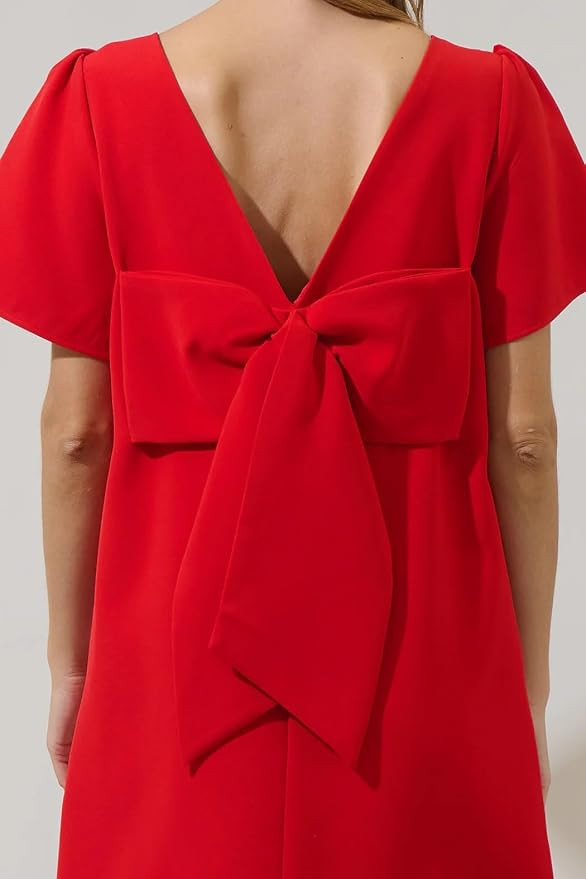 SCOFEEL Women's Casual Mini Bow Dress Crew Neck Short Sleeves Loose Dress Swing Solid Shift Dress | Amazon (US)