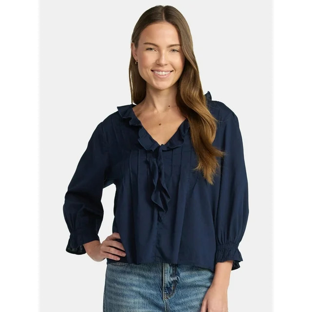 Time and Tru Women's Ruffle Neck Blouse with 3/4-Length Sleeves, Sizes XS-XXXL | Walmart (US)