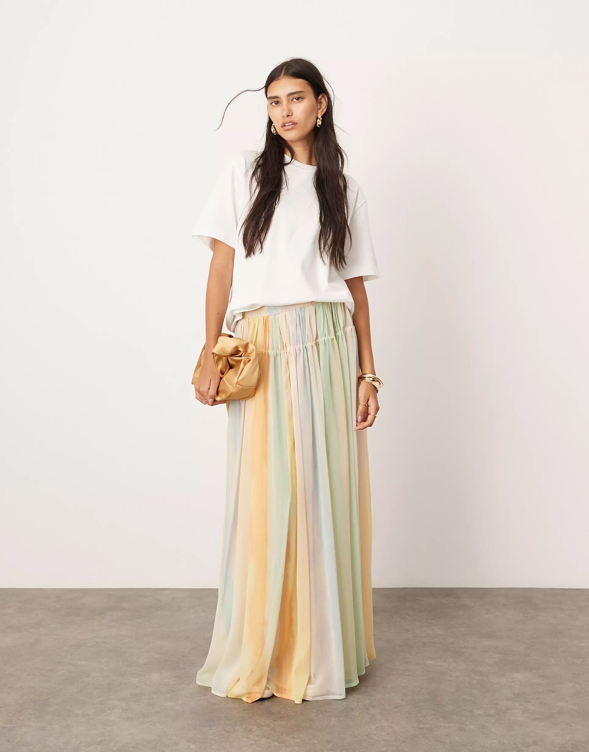 ASOS EDITION tiered maxi skirt with tie waist in multi watercolour print | ASOS (Global)