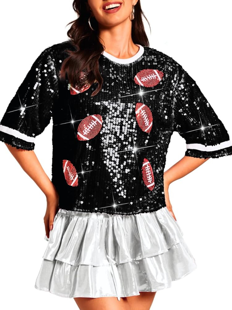 Sequin Football Shirts,Pattern Half Sleeve Sparkly Crop Top for Women,Glitter T-Shirt Game Day Ch... | Amazon (US)