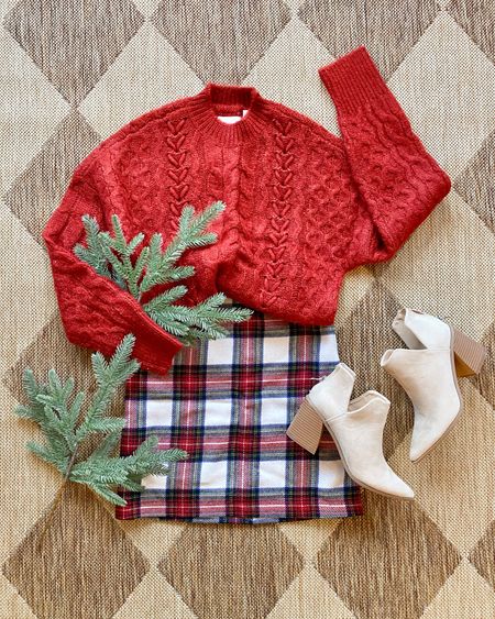Christmas outfit. Plaid skirt. Red sweater. Boots. 

#LTKxAF #LTKSeasonal #LTKHoliday