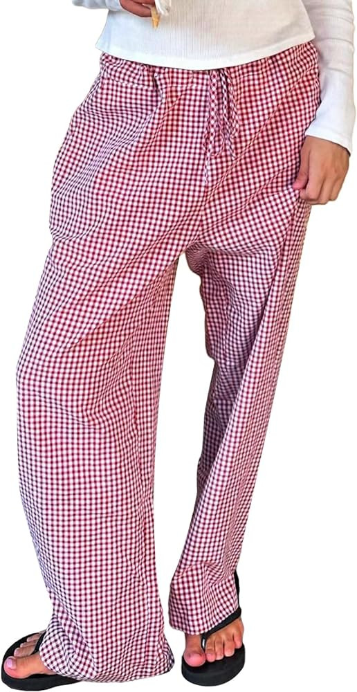 Women Y2K Plaid Pants Summer Casual Drawstring High Waist Straight Leg Trousers Gingham Lounge Pa... | Amazon (US)
