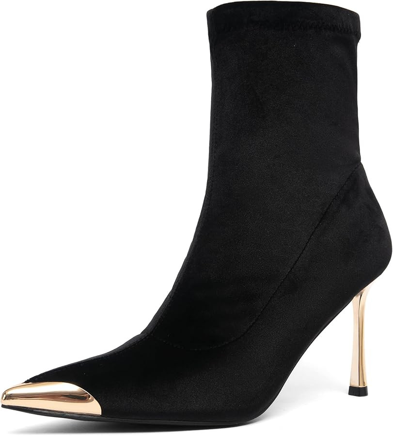 NEWBELLA Women's Ankle Boots Pointed Toe Stiletto Heel Metal Cap Toe Booties for Party Club | Amazon (US)