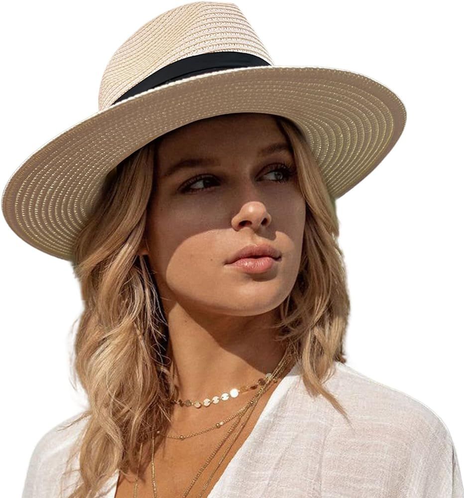 accsa Panama Straw Hat for Women Wide Brim Summer Straw Hat Classic Sun Hat for Beach Ladies Foldabl | Amazon (US)